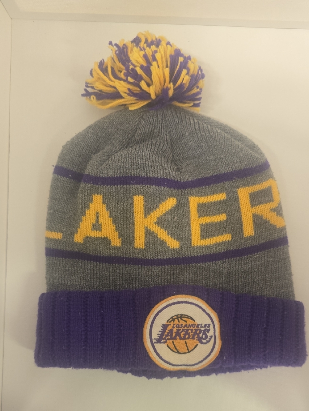 Vintage Mitchell & Ness Los Angeles Lakers Gray & Purple Pom Beanie